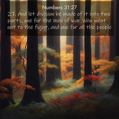 BasicEnglish Numbers  ; image nature: image with the bible verse :And let division be made of it into two parts, one for the men of war who went out to the fight, and one for all the people: ; Explore Bible verse images highlighting the beauty of spring, with vibrant flowers, butterflies, and blossoming fruit trees. These scenes evoke divine hope and renewal. Download inspiring verses like KJV Numbers 31:27. Current verse is overlayed with the thematic nature scene : Autumn rain darkens tree trunks in the forest. ; 31:27