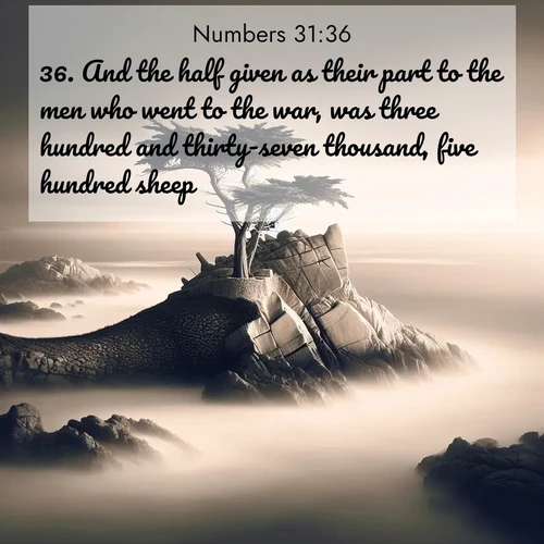 BasicEnglish Numbers  ; image nature: image with the bible verse :And the half given as their part to the men who went to the war, was three hundred and thirty-seven thousand, five hundred sheep, ; Discover a unique collection of Bible verses adorned with winter landscapes, such as snow-covered forests, gently falling snowflakes, and pristine mountains. These images evoke the peace and purity of God&#039;s creation. Share verses like KJV Numbers 31:36. Current verse is overlayed with the thematic nature scene : A lone cypress stands sentinel on a wave-carved point. Pacific storms have shaped its every branch. ; 31:36