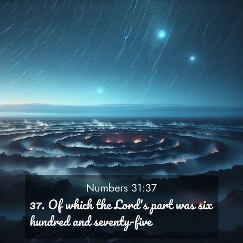 BasicEnglish Numbers  ; image nature: image with the bible verse :Of which the Lord&#039;s part was six hundred and seventy-five. ; Explore a winter collection of Bible verse images adorned with photos of icy landscapes, frozen waterfalls, and snow-covered forests. These scenes capture divine tranquility and purity. Download inspiring verses like KJV Numbers 31:37. Current verse is overlayed with the thematic nature scene : Volcanic steam rises through a field of black lava. Stars wheel overhead in the thin air. ; 31:37