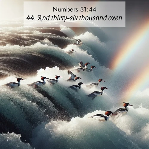 BasicEnglish Numbers  ; image nature: image with the bible verse :And thirty-six thousand oxen, ; Browse our collection of vibrant Bible verse images set against calming backdrops like tropical shores, quiet woods, and majestic mountains. Download free wallpapers featuring KJV Numbers 31:44. Current verse is overlayed with the thematic nature scene : Wild mergansers ride white water rapids. Spray creates endless rainbows. ; 31:44