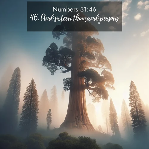 BasicEnglish Numbers  ; image nature: image with the bible verse :And sixteen thousand persons;) ; Explore a rich collection of Bible verse images beautifully illustrated by natural landscapes, such as colorful skies, towering mountains, and tranquil rivers. The images highlight the serenity of God&#039;s creation with vivid tones and carefully chosen typography. Download and share inspiring verses like KJV Numbers 31:46. Current verse is overlayed with the thematic nature scene : A giant sequoia reaches through morning fog. Centuries of growth stretch skyward in silent majesty. ; 31:46