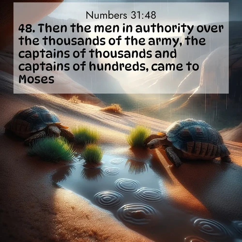 BasicEnglish Numbers  ; image nature: image with the bible verse :Then the men in authority over the thousands of the army, the captains of thousands and captains of hundreds, came to Moses, ; Download Bible verse images paired with breathtaking nature photos like golden deserts, shimmering seas, and blossoming orchards. These high-quality, free images are perfect for wallpapers or sharing. Verses include KJV Numbers 31:48. Current verse is overlayed with the thematic nature scene : Desert tortoises emerge after summer rains. Thunder echoes through hidden canyons. ; 31:48