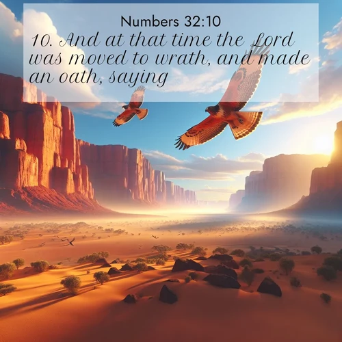 BasicEnglish Numbers  ; image nature: image with the bible verse :And at that time the Lord was moved to wrath, and made an oath, saying, ; Dive into our collection of Bible verses paired with breathtaking desert landscapes, featuring infinite dunes, shaded oases, and desert sunsets. These images highlight the majestic grandeur of God&#039;s creation. Download and share verses like KJV Numbers 32:10. Current verse is overlayed with the thematic nature scene : Desert hawks soar thermal currents. Red cliffs catch golden light. ; 32:10