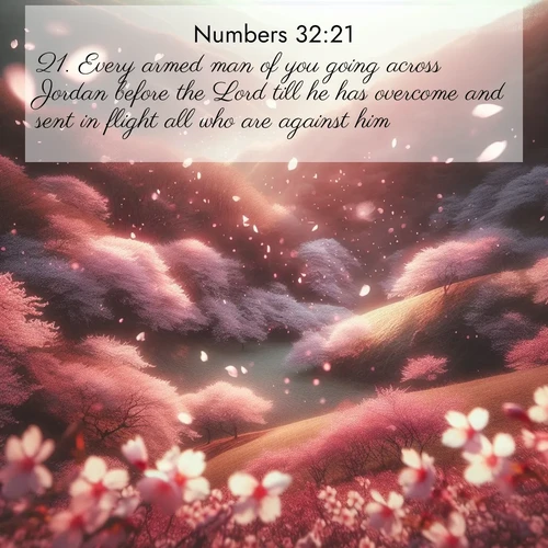 BasicEnglish Numbers  ; image nature: image with the bible verse :Every armed man of you going across Jordan before the Lord till he has overcome and sent in flight all who are against him, ; Explore a collection of free Bible verse images paired with serene landscapes like golden beaches, verdant forests, and clear blue skies. Each image is ideal for desktop or phone wallpapers. Share verses like KJV Numbers 32:21. Current verse is overlayed with the thematic nature scene : Cherry blossoms blanket the hillside in soft pink snow, swirling through the air like nature&#039;s confetti. ; 32:21