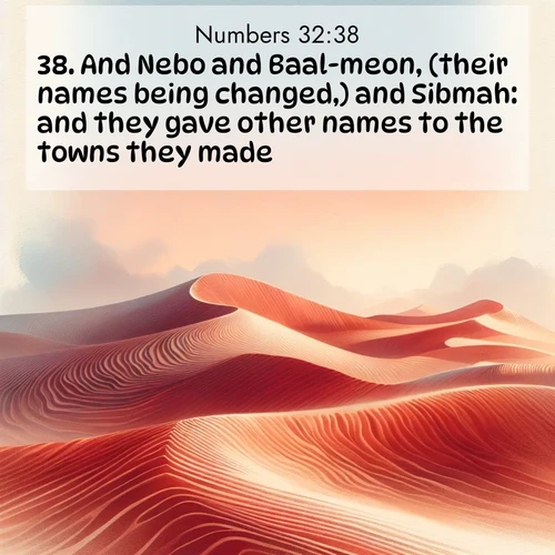 BasicEnglish Numbers  ; image nature: image with the bible verse :And Nebo and Baal-meon, (their names being changed,) and Sibmah: and they gave other names to the towns they made. ; Discover breathtaking Bible verse images combined with vibrant landscapes like rolling hills, blooming gardens, and starry nights. Use them as wallpapers or to inspire others. Download verses like KJV Numbers 32:38. Current verse is overlayed with the thematic nature scene : Desert wind sculpts perfect ripples in red sand. Twilight paints the dunes in watercolor hues. ; 32:38