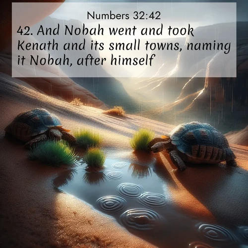 BasicEnglish Numbers  ; image nature: image with the bible verse :And Nobah went and took Kenath and its small towns, naming it Nobah, after himself. ; Browse Bible images illustrated by desert landscapes, with endless skies, golden dunes, and isolated palm trees. These images evoke the calm and grandeur of God&#039;s creation. Download inspiring verses like KJV Numbers 32:42. Current verse is overlayed with the thematic nature scene : Desert tortoises emerge after summer rains. Thunder echoes through hidden canyons. ; 32:42