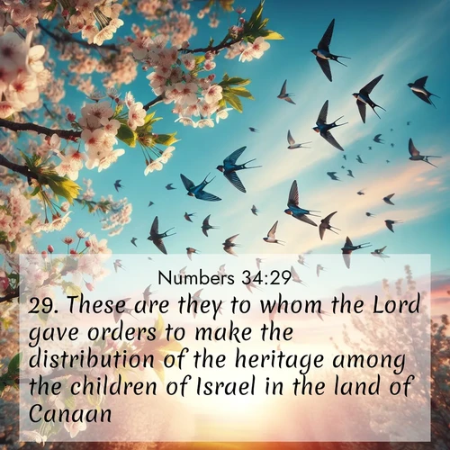 BasicEnglish Numbers  ; image nature: image with the bible verse :These are they to whom the Lord gave orders to make the distribution of the heritage among the children of Israel in the land of Canaan. ; Access a vast collection of Bible verse images illustrated with natural landscapes like calm rivers, blooming fields, and bright horizons. These images emphasize the serenity and splendor of God&#039;s creation, accompanied by aesthetic fonts and joyful colors. Download verses like KJV Numbers 34:29 and share them. Current verse is overlayed with the thematic nature scene : Spring migration fills the sky with countless swallows. ; 34:29