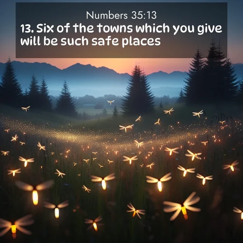 BasicEnglish Numbers  ; image nature: image with the bible verse :Six of the towns which you give will be such safe places; ; Explore a collection of free Bible verse images paired with serene landscapes like golden beaches, verdant forests, and clear blue skies. Each image is ideal for desktop or phone wallpapers. Share verses like KJV Numbers 35:13. Current verse is overlayed with the thematic nature scene : Lightning bugs rise from summer meadows at dusk. Their lights dance like earthbound stars. ; 35:13