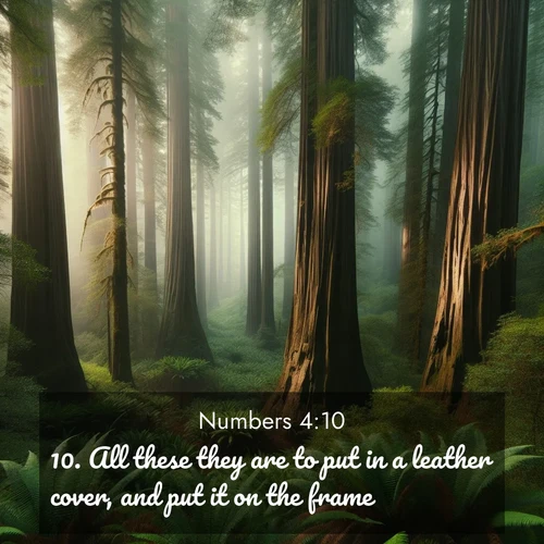 BasicEnglish Numbers  ; image nature: image with the bible verse :All these they are to put in a leather cover, and put it on the frame. ; Browse Bible images illustrated by desert landscapes, with endless skies, golden dunes, and isolated palm trees. These images evoke the calm and grandeur of God&#039;s creation. Download inspiring verses like KJV Numbers 4:10. Current verse is overlayed with the thematic nature scene : Coastal redwoods disappear into the fog high above a fern grove. ; 4:10