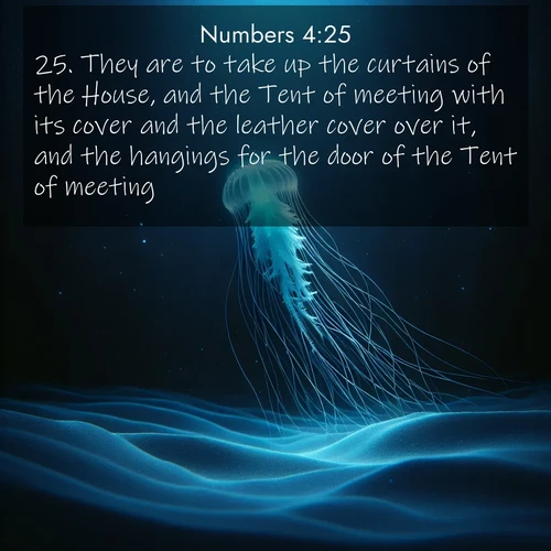 BasicEnglish Numbers  ; image nature: image with the bible verse :They are to take up the curtains of the House, and the Tent of meeting with its cover and the leather cover over it, and the hangings for the door of the Tent of meeting; ; Discover inspiring Bible verse images featuring natural wonders like lush forests, sunny horizons, and cascading waterfalls. Perfect for wallpapers or spiritual encouragement. Download verses like KJV Numbers 4:25. Current verse is overlayed with the thematic nature scene : A lone jellyfish pulses through midnight waters. Its bioluminescent tendrils paint trails of azure light in the depths. ; 4:25