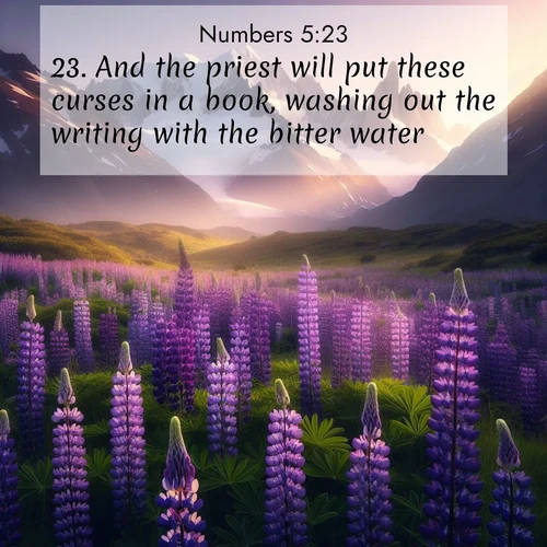 BasicEnglish Numbers  ; image nature: image with the bible verse :And the priest will put these curses in a book, washing out the writing with the bitter water; ; Download Bible verse images featuring vibrant photos of nature, from snowy landscapes to golden deserts. These free images are perfect for phone wallpapers, desktop backgrounds, or sharing. Verses include KJV Numbers 5:23. Current verse is overlayed with the thematic nature scene : Wild lupines paint mountain meadows purple. Snow lingers on distant peaks. ; 5:23