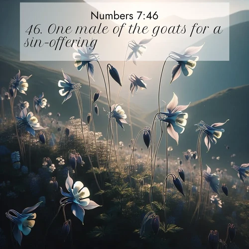 BBE Numbers 7:46 overlaying nature image scene: Wild columbines dance on impossibly thin stems. Mountain breezes carry their perfume.;46. One male of the goats for a sin-offering;