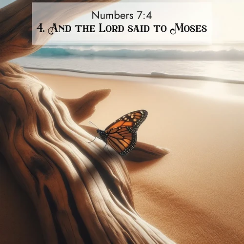 BBE Numbers 7:4 overlaying nature image scene: A single monarch butterfly alights on a sun-bleached driftwood log. Waves crash endlessly on the empty beach beyond.;4. And the Lord said to Moses,