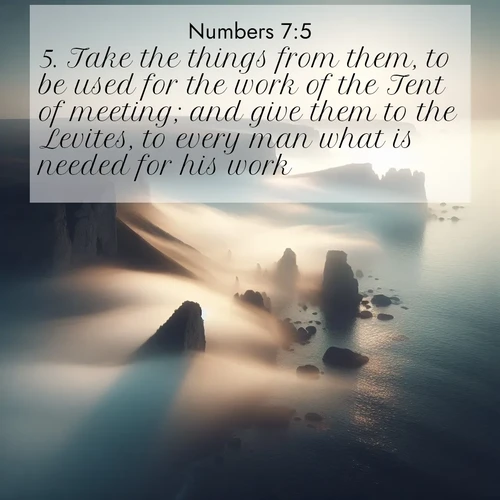 BBE Numbers 7:5 overlaying nature image scene: Coastal fog reveals and conceals seaside cliffs.;5. Take the things from them, to be used for the work of the Tent of meeting; and give them to the Levites, to every man what is needed for his work.