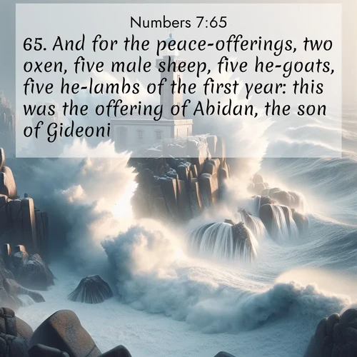 BBE Numbers 7:65 overlaying nature image scene: Winter storms send massive waves crashing against lighthouse rocks.;65. And for the peace-offerings, two oxen, five male sheep, five he-goats, five he-lambs of the first year: this was the offering of Abidan, the son of Gideoni.
