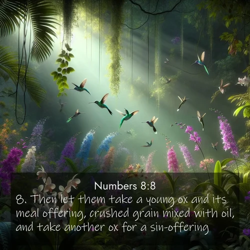 BBE Numbers 8:8 overlaying nature image scene: Wild orchids bloom in a rainforest canopy. Hummingbirds dart between the delicate flowers.;8. Then let them take a young ox and its meal offering, crushed grain mixed with oil, and take another ox for a sin-offering.