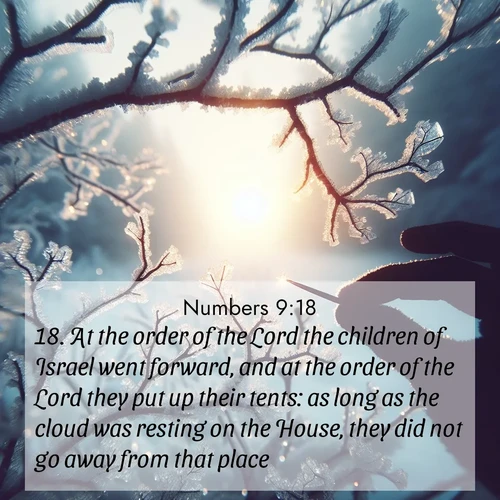 BasicEnglish Numbers  ; image nature: image with the bible verse :At the order of the Lord the children of Israel went forward, and at the order of the Lord they put up their tents: as long as the cloud was resting on the House, they did not go away from that place. ; Download high-resolution Bible verse images showcasing the beauty of God&#039;s creation—from radiant sunsets to tranquil rivers. Free for use as wallpapers or sharing verses like KJV Numbers 9:18. Current verse is overlayed with the thematic nature scene : Winter sunrise glows through ice-coated branches. ; 9:18