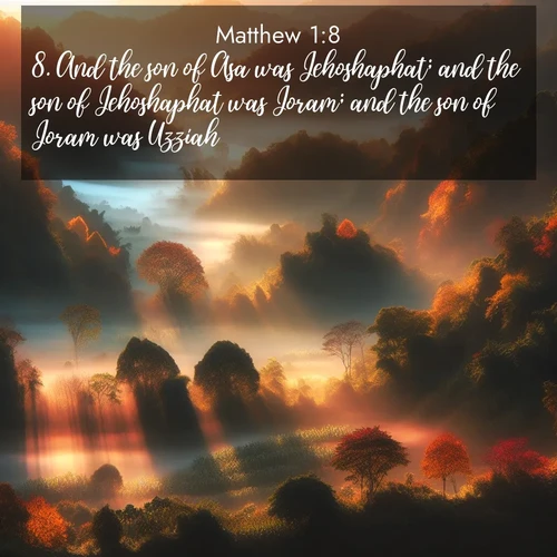 BBE Gospel of Matthew 1:8 overlaying nature image scene: Autumn mist rises from warming morning valleys.;8. And the son of Asa was Jehoshaphat; and the son of Jehoshaphat was Joram; and the son of Joram was Uzziah;