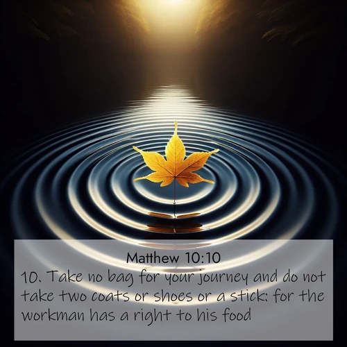 BasicEnglish Gospel of Matthew  ; image nature: image with the bible verse :Take no bag for your journey and do not take two coats or shoes or a stick: for the workman has a right to his food. ; Browse a large collection of Bible verse images with photos showcasing the splendor of nature. Scenes of peaceful rivers, verdant valleys, and radiant skies enhance the inspiring verses. Each image reflects the serenity and joy of God&#039;s creation, with elegant text fonts. Download and share verses such as KJV Gospel of Matthew 10:10. Current verse is overlayed with the thematic nature scene : A single maple leaf floats on black water. Concentric ripples spread outward into infinity. ; 10:10