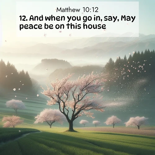 BasicEnglish Gospel of Matthew  ; image nature: image with the bible verse :And when you go in, say, May peace be on this house. ; Discover inspiring Bible verse images featuring natural wonders like lush forests, sunny horizons, and cascading waterfalls. Perfect for wallpapers or spiritual encouragement. Download verses like KJV Gospel of Matthew 10:12. Current verse is overlayed with the thematic nature scene : Spring winds scatter cherry blossoms like snow. ; 10:12