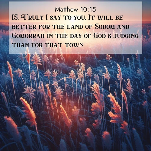 BasicEnglish Gospel of Matthew  ; image nature: image with the bible verse :Truly I say to you, It will be better for the land of Sodom and Gomorrah in the day of God&#039;s judging than for that town. ; Discover a rich selection of Bible verse images illustrated by natural landscapes like tranquil beaches, golden fields, and majestic trees. These images aim to capture the peace and beauty of God&#039;s creation, with vibrant colors and varied typography. Download and share inspiring verses like KJV Gospel of Matthew 10:15. Current verse is overlayed with the thematic nature scene : Winter sunrise illuminates frost-covered prairie grass. ; 10:15
