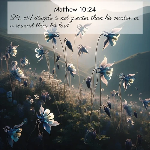BasicEnglish Gospel of Matthew  ; image nature: image with the bible verse :A disciple is not greater than his master, or a servant than his lord. ; Discover Bible images adorned with spring landscapes, like tulip fields, cherry blossoms, and green hills. These bright scenes symbolize God&#039;s renewal and grace. Download verses like KJV Gospel of Matthew 10:24. Current verse is overlayed with the thematic nature scene : Wild columbines dance on impossibly thin stems. Mountain breezes carry their perfume. ; 10:24