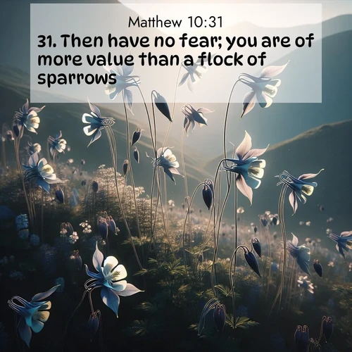 BasicEnglish Gospel of Matthew  ; image nature: image with the bible verse :Then have no fear; you are of more value than a flock of sparrows. ; Download Bible verse images featuring vibrant photos of nature, from snowy landscapes to golden deserts. These free images are perfect for phone wallpapers, desktop backgrounds, or sharing. Verses include KJV Gospel of Matthew 10:31. Current verse is overlayed with the thematic nature scene : Wild columbines dance on impossibly thin stems. Mountain breezes carry their perfume. ; 10:31