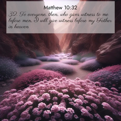 BasicEnglish Gospel of Matthew  ; image nature: image with the bible verse :To everyone, then, who gives witness to me before men, I will give witness before my Father in heaven. ; Discover inspiring Bible verse images featuring natural wonders like lush forests, sunny horizons, and cascading waterfalls. Perfect for wallpapers or spiritual encouragement. Download verses like KJV Gospel of Matthew 10:32. Current verse is overlayed with the thematic nature scene : Desert verbena carpets hidden canyons. Flash flood waters carved these gardens. ; 10:32