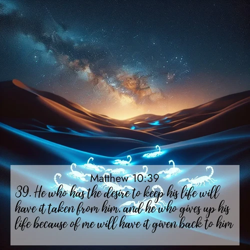 BasicEnglish Gospel of Matthew  ; image nature: image with the bible verse :He who has the desire to keep his life will have it taken from him, and he who gives up his life because of me will have it given back to him. ; Dive into our collection of Bible verse images beautifully illustrated with beach photos, featuring gentle waves, sunsets over the sea, and sandy shores. These scenes evoke the peace and majesty of God. Download and share inspiring verses like KJV Gospel of Matthew 10:39. Current verse is overlayed with the thematic nature scene : Desert scorpions glow under black light. Stars wheel in infinite darkness. ; 10:39