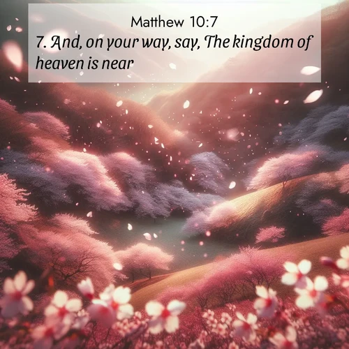 BasicEnglish Gospel of Matthew  ; image nature: image with the bible verse :And, on your way, say, The kingdom of heaven is near. ; Download high-resolution Bible verse images showcasing the beauty of God&#039;s creation—from radiant sunsets to tranquil rivers. Free for use as wallpapers or sharing verses like KJV Gospel of Matthew 10:7. Current verse is overlayed with the thematic nature scene : Cherry blossoms blanket the hillside in soft pink snow, swirling through the air like nature&#039;s confetti. ; 10:7
