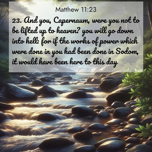 BasicEnglish Gospel of Matthew  ; image nature: image with the bible verse :And you, Capernaum, were you not to be lifted up to heaven? you will go down into hell: for if the works of power which were done in you had been done in Sodom, it would have been here to this day. ; Discover tranquil Bible verse images enhanced with natural scenery like rippling brooks, snow-covered fields, and sunlit beaches. These free images are perfect for wallpapers or spiritual reflection. Share KJV Gospel of Matthew 11:23. Current verse is overlayed with the thematic nature scene : A mountain stream tumbles over smooth rocks between banks of mountain laurel. ; 11:23
