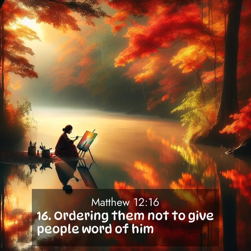 BBE Gospel of Matthew 12:16 overlaying nature image scene: An artist paints beside still waters. Autumn colors double in reflection.;16. Ordering them not to give people word of him:
