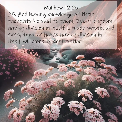 BBE Gospel of Matthew 12:25 overlaying nature image scene: Desert verbena blooms in hidden washes. Flash floods carved these secret gardens.;25. And having knowledge of their thoughts he said to them, Every kingdom having division in itself is made waste, and every town or house having division in itself will come to destruction.
