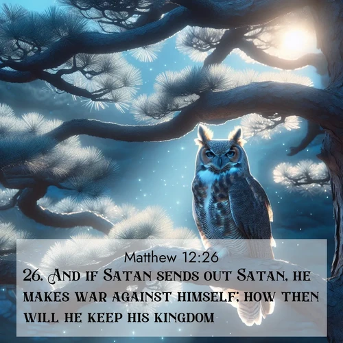 BBE Gospel of Matthew 12:26 overlaying nature image scene: A great horned owl watches from ancient pine branches. Moonlight silvers its silent wings.;26. And if Satan sends out Satan, he makes war against himself; how then will he keep his kingdom?
