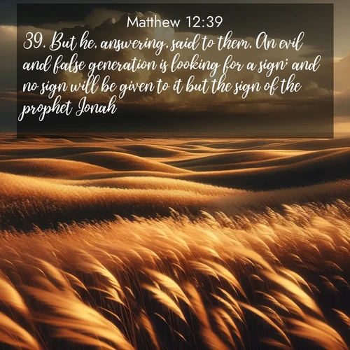 BBE Gospel of Matthew 12:39 overlaying nature image scene: Prairie grass waves like a golden ocean. Storm clouds build towers on the horizon.;39. But he, answering, said to them, An evil and false generation is looking for a sign; and no sign will be given to it but the sign of the prophet Jonah:
