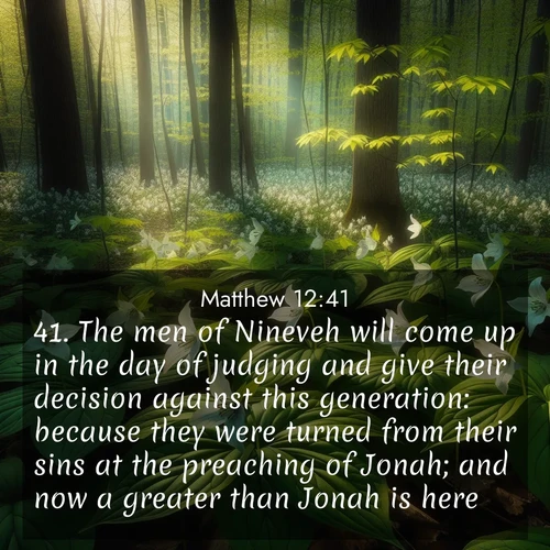 BBE Gospel of Matthew 12:41 overlaying nature image scene: Wild trillium carpets the forest floor. Sunlight filters green through new spring leaves.;41. The men of Nineveh will come up in the day of judging and give their decision against this generation: because they were turned from their sins at the preaching of Jonah; and now a greater than Jonah is here.