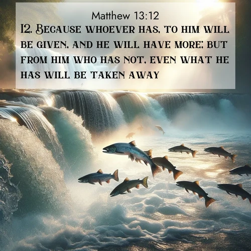 BBE Gospel of Matthew 13:12 overlaying nature image scene: Wild salmon leap ancient waterfalls. Mist rises like spirits in morning light.;12. Because whoever has, to him will be given, and he will have more; but from him who has not, even what he has will be taken away.
