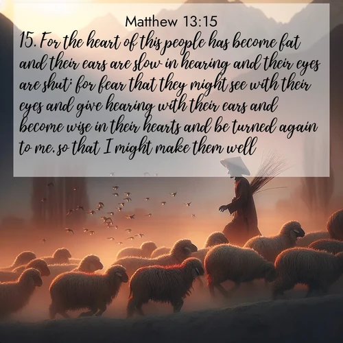 BBE Gospel of Matthew 13:15 overlaying nature image scene: A shepherd guides his flock home. Sunset paints wool golden red.;15. For the heart of this people has become fat and their ears are slow in hearing and their eyes are shut; for fear that they might see with their eyes and give hearing with their ears and become wise in their hearts and be turned again to me, so that I might make them well.