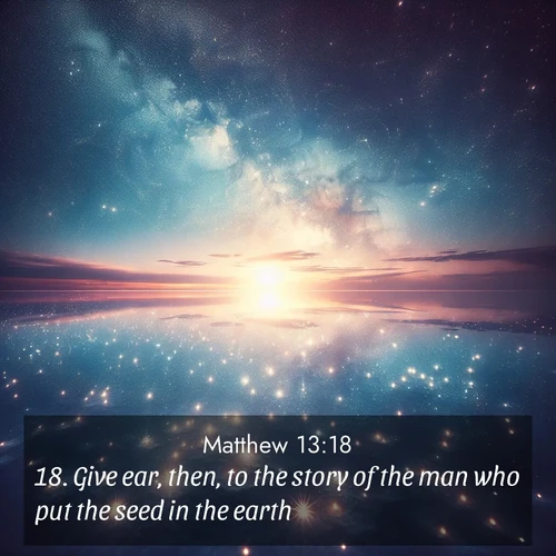 BBE Gospel of Matthew 13:18 overlaying nature image scene: Stars reflect perfectly in the salt flats after rainfall. The horizon disappears in the mirror-like expanse.;18. Give ear, then, to the story of the man who put the seed in the earth.