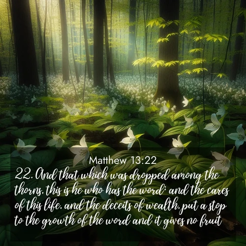 BBE Gospel of Matthew 13:22 overlaying nature image scene: Wild trillium carpets the forest floor. Sunlight filters green through new spring leaves.;22. And that which was dropped among the thorns, this is he who has the word; and the cares of this life, and the deceits of wealth, put a stop to the growth of the word and it gives no fruit.
