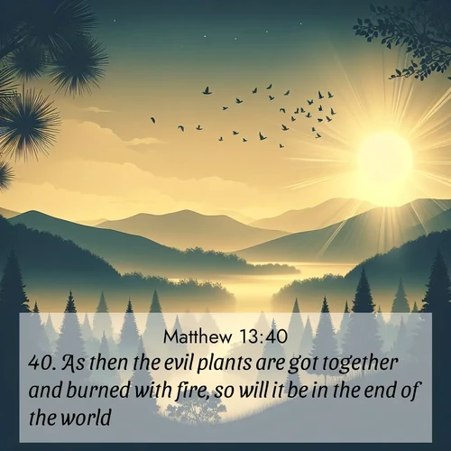 BBE Gospel of Matthew 13:40 overlaying nature image scene: Morning mist reveals hidden valleys. Birdsong heralds the dawn.;40. As then the evil plants are got together and burned with fire, so will it be in the end of the world.