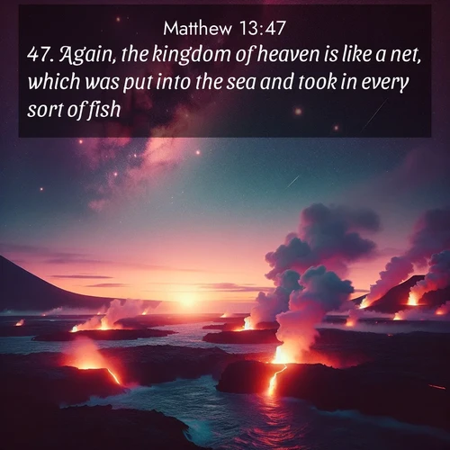 BBE Gospel of Matthew 13:47 overlaying nature image scene: Lava flows meet the ocean at twilight, sending plumes of steam skyward. Stars emerge one by one above the cosmic display.;47. Again, the kingdom of heaven is like a net, which was put into the sea and took in every sort of fish: