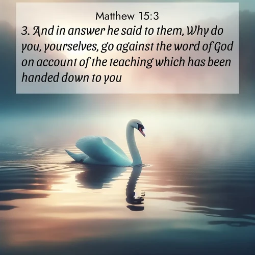 BasicEnglish Gospel of Matthew  ; image nature: image with the bible verse :And in answer he said to them, Why do you, yourselves, go against the word of God on account of the teaching which has been handed down to you? ; Admire stunning Bible verse images paired with photos of peaceful landscapes, such as foggy mornings, serene rivers, and blooming gardens. Download these free images and share verses like KJV Gospel of Matthew 15:3. Current verse is overlayed with the thematic nature scene : A single swan glides across a misty lake. Dawn paints the water in pastels. ; 15:3