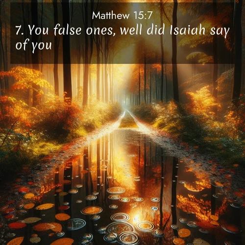 BasicEnglish Gospel of Matthew  ; image nature: image with the bible verse :You false ones, well did Isaiah say of you, ; Dive into our collection of Bible verse images beautifully illustrated with beach photos, featuring gentle waves, sunsets over the sea, and sandy shores. These scenes evoke the peace and majesty of God. Download and share inspiring verses like KJV Gospel of Matthew 15:7. Current verse is overlayed with the thematic nature scene : Autumn colors reflect in rain puddles on a forest path. ; 15:7
