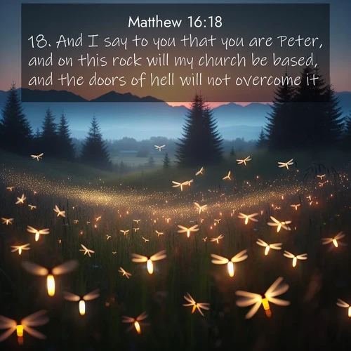 BBE Gospel of Matthew 16:18 overlaying nature image scene: Lightning bugs rise from summer meadows at dusk. Their lights dance like earthbound stars.;18. And I say to you that you are Peter, and on this rock will my church be based, and the doors of hell will not overcome it.