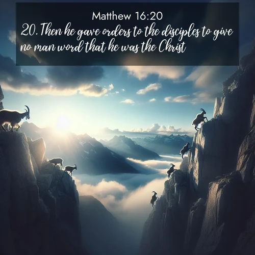 BBE Gospel of Matthew 16:20 overlaying nature image scene: Mountain goats traverse sheer faces. Clouds part to reveal their path.;20. Then he gave orders to the disciples to give no man word that he was the Christ.
