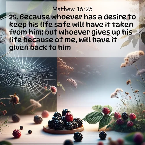 BBE Gospel of Matthew 16:25 overlaying nature image scene: Wild blackberries ripen in secret hollows. Morning spider webs catch dew like diamonds.;25. Because whoever has a desire to keep his life safe will have it taken from him; but whoever gives up his life because of me, will have it given back to him.