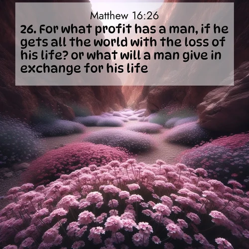 BBE Gospel of Matthew 16:26 overlaying nature image scene: Desert verbena carpets hidden canyons. Flash flood waters carved these gardens.;26. For what profit has a man, if he gets all the world with the loss of his life? or what will a man give in exchange for his life?
