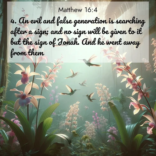 BBE Gospel of Matthew 16:4 overlaying nature image scene: Wild orchids bloom in rainforest canopy. Hummingbirds dance between delicate petals.;4. An evil and false generation is searching after a sign; and no sign will be given to it but the sign of Jonah. And he went away from them.