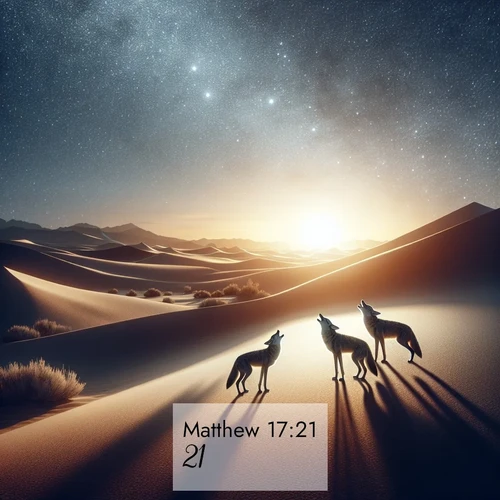 BasicEnglish Gospel of Matthew  ; image nature: image with the bible verse :[] ; Admire Bible images representing autumn, with swirling leaves, misty skies, and vibrant trees. These images inspire profound spiritual reflection. Download and share verses like KJV Gospel of Matthew 17:21. Current verse is overlayed with the thematic nature scene : Desert coyotes sing to stars. Their voices echo through time. ; 17:21